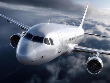 A sleek white passenger aircraft soars through partially cloudy skies. Its engines are visible alongside the wings, reflecting the soft light photo