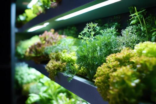 Lush green plants and herbs grow on multi-level shelves under bright artificial lights in a controlled indoor environment, showcasing a vibrant and healthy display of vegetation photo