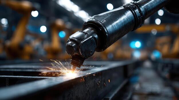 Robotic arm performing a precise welding task on a metal surface, emitting bright sparks in an industrial setting with blurred background, conveying automation and technology photo
