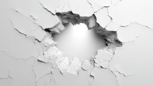 A large, irregular hole appears in a cracked plaster surface, revealing a bright white background. The cracks radiate from the center, creating a dramatic, textured effect photo