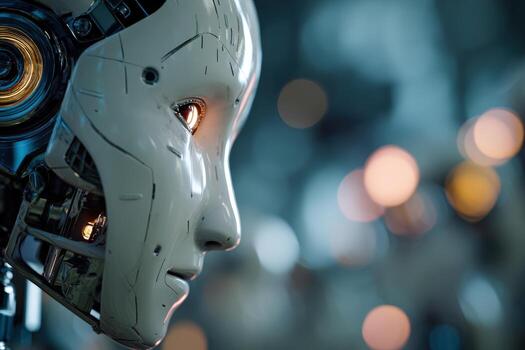 Robotic face in profile with a glowing eye and intricate mechanical details, featuring a smooth white surface with visible joints and circuits, surrounded by blurred lights in the background photo