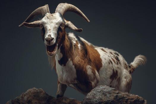 Brown and white goat with curved horns stands on rocks, looking directly ahead with an open mouth, set against a dark, neutral background. Its fur features patches and spots photo
