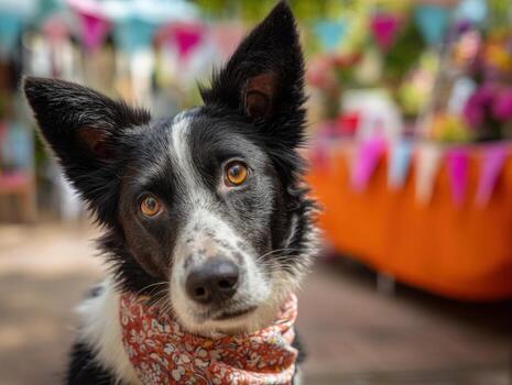 Black and white dog with a red floral bandana gazes curiously with head tilted. Bright party decorations and colorful bunting in soft focus behind, creating a festive atmosphere photo