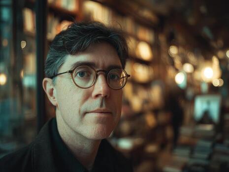 Man with glasses and dark hair stands in a dimly lit bookstore, surrounded by blurred shelves of books. He wears a black jacket and looks directly at the camera with a composed expression photo
