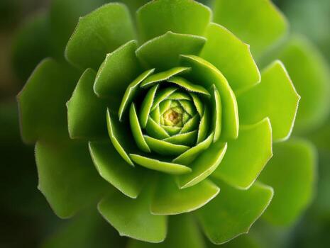 Close-up of a symmetrical green succulent plant, showcasing its vibrant overlapping leaves arranged in a spiral pattern, with a soft focus effect towards the edges photo