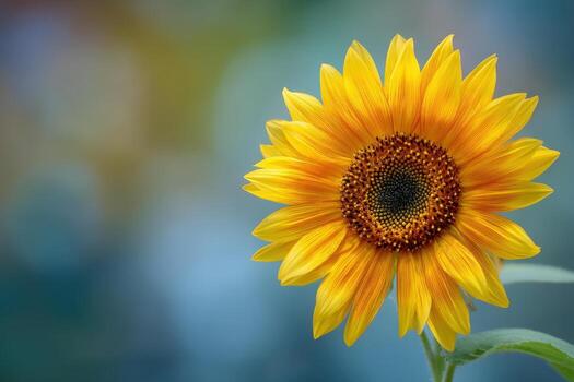 Bright yellow sunflower with vibrant petals, centered and slightly tilted, displaying intricate patterns in its brown and yellow core, set against a softly blurred green-blue background photo