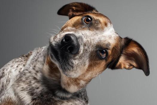 Close-up of an attentive dog with speckled fur and soulful eyes, tilting its head inquisitively. The background is simple, enhancing focus on the animal's expressive features photo