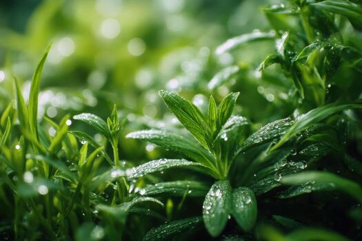 Close-up of fresh green leaves with water droplets, in a natural environment. The light creates a gentle bokeh effect, enhancing the vibrant colors and lush texture of the leaves photo