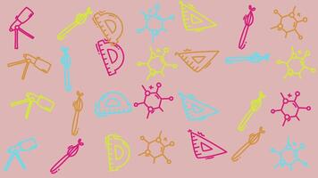 animato scarabocchio formazione scolastica modello sfondo con colorato disegnato a mano scienza, geometria, e arte icone su pastello rosa, senza soluzione di continuità ciclo continuo design per scuola, apprendimento, e creativo progetti video