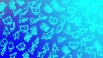 senza soluzione di continuità looping neon blu scarabocchio modello sfondo retrò tecnologia icone con USB, mobile Telefono, razzo, senza fili segnale, satellitare, computer. che rappresentano comunicazione, innovazione, digitale divertimento video