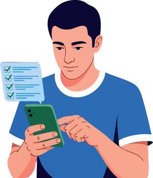 Young man completing checklist on smartphone using digital app for productivity and task management in casual blue shirt vector