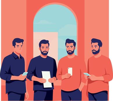 grupo de cuatro hombres en pie con teléfonos inteligentes y papel dentro edificio con grande arco ventana ilustración vector