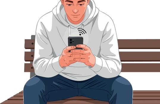 Young man using smartphone on bench with wifi signal icon casual technology concept digital communication illustration vector