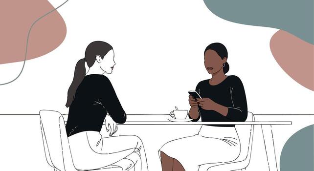 Two women sitting at table talking and using smartphone with abstract shapes in background illustration vector