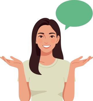 Woman with open hands and smiling face showing speech bubble illustration for communication and expression vector