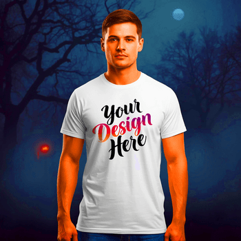 Mens vervelend wit tee overhemd met Op maat tekst in donker Woud instelling met maan in achtergrond psd