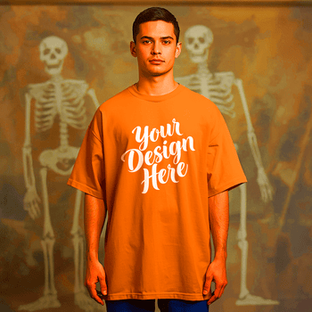 hombre vistiendo naranja tee camisa con esqueletos en antecedentes mirando a el cámara Derecho en psd