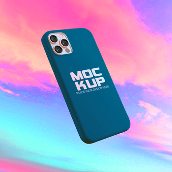 alzavola Telefono Astuccio galleggiante contro un' colorato cielo con nuvole e testo su il Astuccio superficie design spazio psd