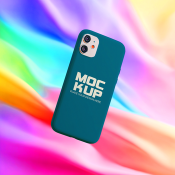 cerceta telefone caso com texto flutuando dentro frente do uma colorida borrado fundo Projeto ilustração psd