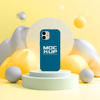 alzavola Telefono Astuccio su un' piattaforma con giallo e bianca astratto forme nel il sfondo studio ambientazione psd