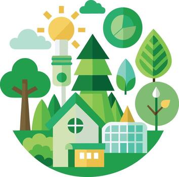 An illustration of a house surrounded by trees and other green objects vector