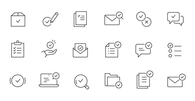 Document check, quality control line icon set. Quality certificate, business quarantee mark outline editable stroke icon. Approve, confirm vector