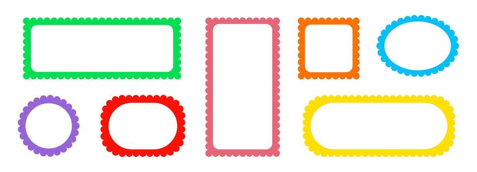 Border frame scallop edge rectangle, oval, round shape set. Wave scallop squiggle cute simple rectangle border set. Simple wavy squiggly line retro photo picture frame. vector
