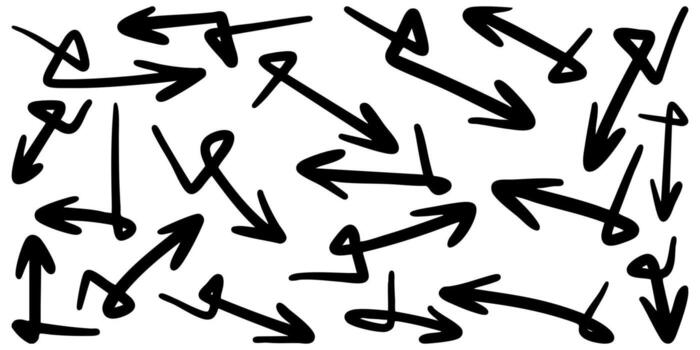 set of hand drawn arrows. Includes different directions, curved lines, and doodle style symbols. vector