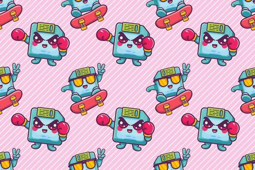 happy floppy disk character seamless pattern illustration background vector