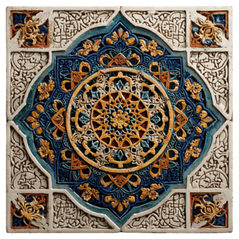 Ornate Moroccan Tile with Intricate Geometric and Floral Patterns in Blue. Gold. and White png