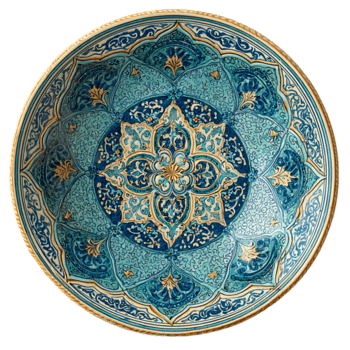 Exquisite ornate ceramic plate featuring intricate turquoise gold Middle Eastern geometric patterns png