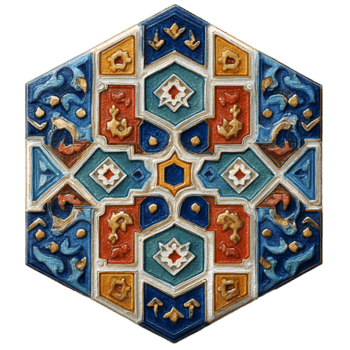 Intricate Hexagonal Ceramic Tile with Ornate Geometric Patterns in Blue. Red. Teal. and Gold png