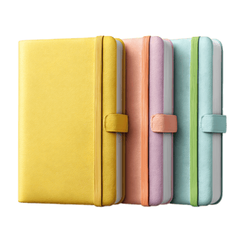 rad av färgrik pastell bärbara datorer med elastisk stängning.. 3d framställa png