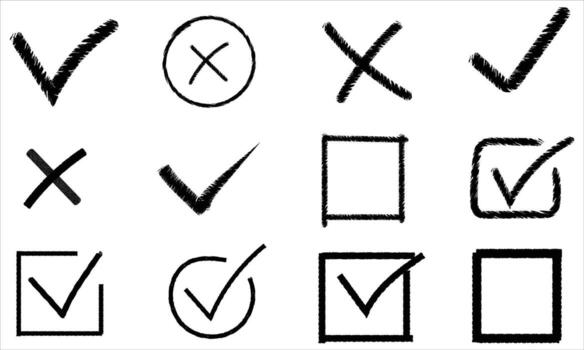 Hand drawn check marks and crosses set for decision making and task completion vector