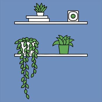a shelf with plants and a speaker on it vector