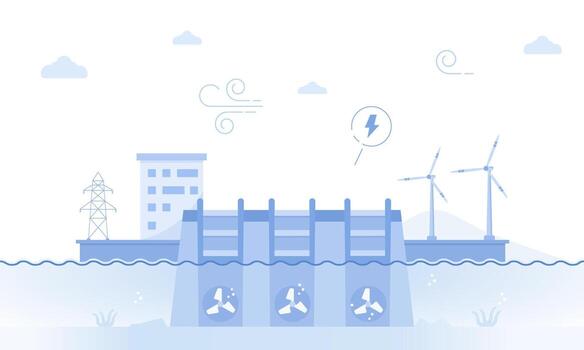Tidal energy plant and electricity production using waves illustration. Water as a source for environmentally friendly power. A hydroelectric technology station in the ocean offshore. vector