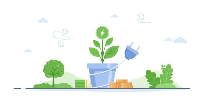 Biomass energy and electricity production with bio resources illustration. Environmentally sustainable power station with recyclable resource consumption. Ecological solution. vector
