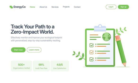A landing page concept for sustainability tracking, featuring a clipboard with a checklist and a green pencil, focusing on ecological footprint and zero-impact solutions. vector