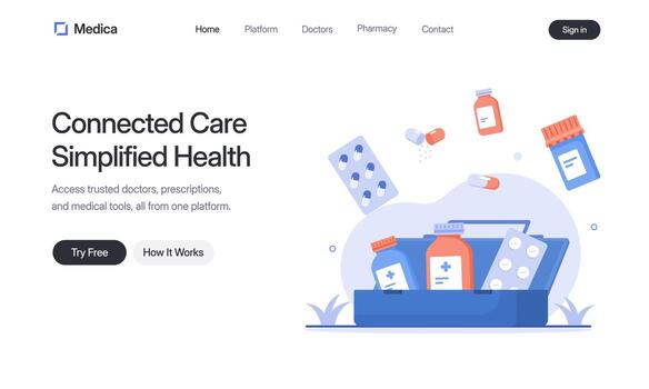 A landing page concept for a digital health platform with an open first aid kit full of medicine, illustrating connected care, simplified access to doctors, prescriptions, and medical tools. vector