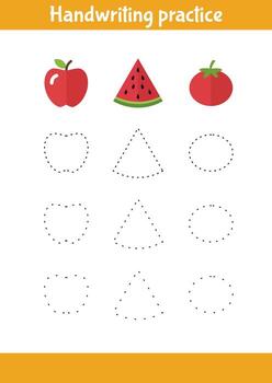 Trace the dotted shapes of a colorful apple, watermelon, and tomato vector