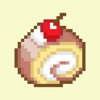 Pixel illustration of a sweet roll cake with a cherry on a yellow background, making it perfect for use in culinary blogs, dessert websites, or food-related apps vector