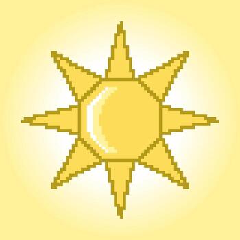 Sun with rays, cartoon pixel art isolated. Center of the solar system. Symbol of hot weather. Beach holiday sign. Summer icon. 8-bit game graphics. vector