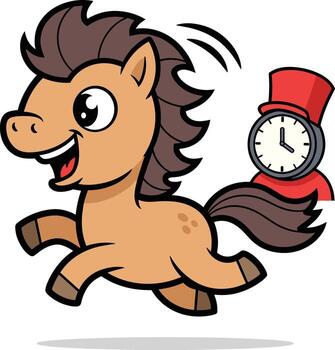 A cartoon horse running with a clock in the background vector
