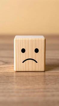 Sad face on wooden cube on a wooden surface photo