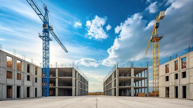 Construction site with cranes and building frame photo