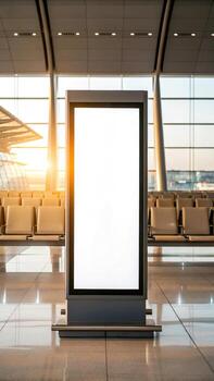 Blank billboard at airport terminal with sunlight flare photo