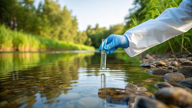 Scientist taking a water sample from the river. photo