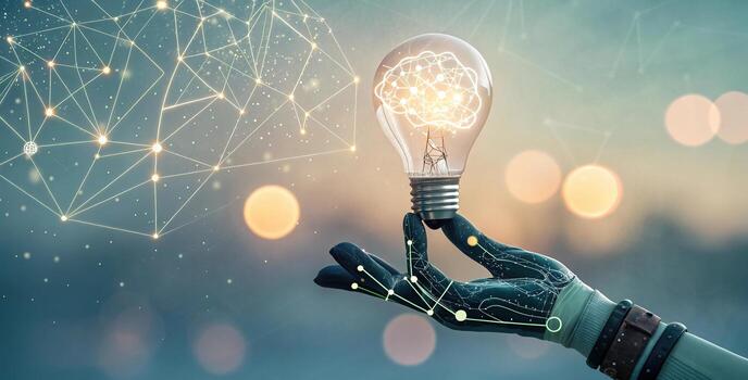 Robot Hand holding light bulb with brain and network for innovation and technology photo