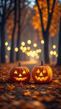 Two halloween pumpkins on a path with autumn leaves photo