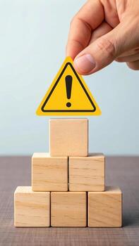 Wooden blocks stacked with attention sign on top photo